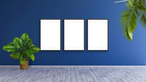 3 vertical frame mockup on a blue wall with green leaf plants 3d rendering. 库存插图