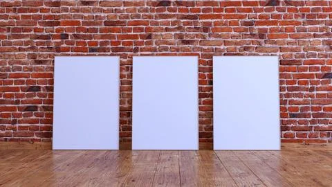 3 vertical frame mockup on a red brick wall with wooden floor. Stock Illustration