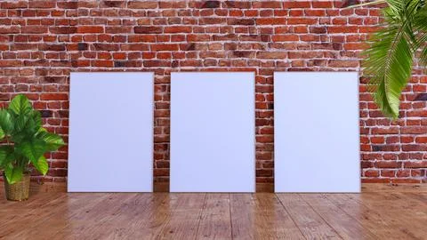 3 vertical frame mockup on a red brick wall with wooden floor, palm leaves. 库存插图