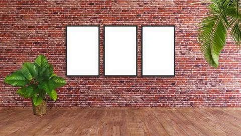 3 vertical frame mockup on a red brick wall with wooden floor and plants. 库存插图
