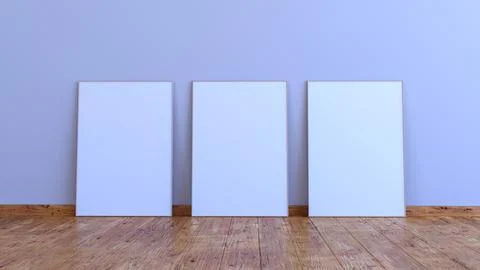 3 vertical frame mockup on a white gray wall with wooden floor 3d render 库存插图