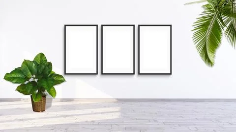 3 vertical frame mockup on a white wall with green leaf plants 3d rendering. 库存插图