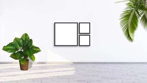 3 vertical frame mockup on a white wall with green leaf plants 3d rendering. 库存插图