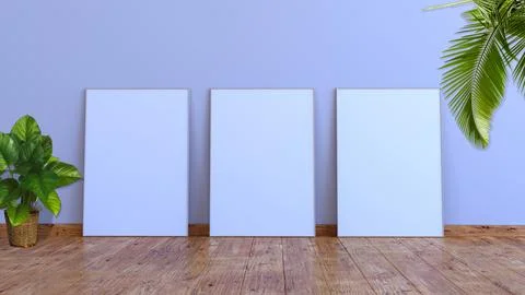 3 vertical frame mockup on a white gray wall with wooden floor 3d rendering 库存插图