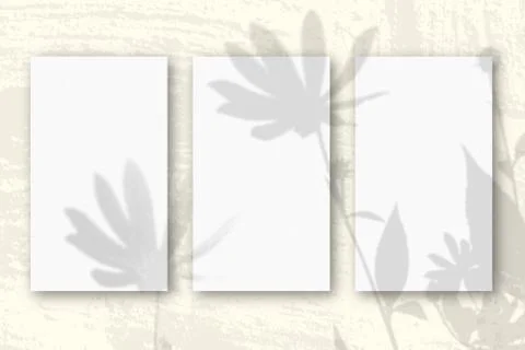 3 vertical sheets of textured white paper on soft yellow table background. Mo Illustrazione stock