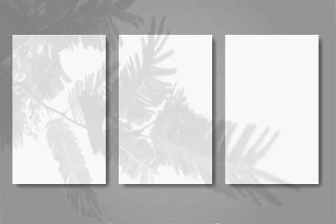 3 vertical sheets of textured white paper on grey table background. Mock up with Stock Illustration