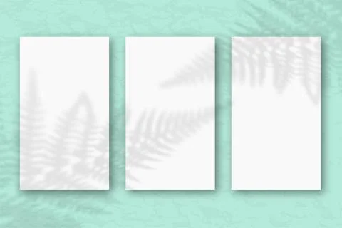 3 vertical sheets of white textured paper on a green wall background. Mockup Stock Illustration