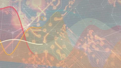 3 waveform lines entering from left, sweeping across pastel bands, pulsing nodes Stock Footage 334724987