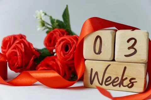 3 week gestational age milestone written on a wooden cube with red roses Foto stock