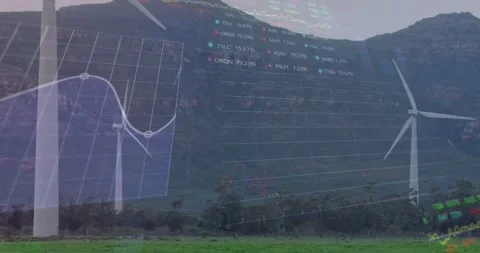 3 wind turbines rotating in field data appearing over them 3D grid expanding Stock Footage 332275780