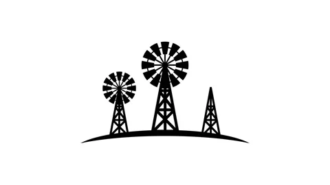 3 windmill flat animated logo intro with rotating blades on curved horizontal gr Stock Footage 148328103