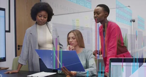 3 women reading blue folder pointing, charts floating on laptop, folder guiding Stock Footage 328348506