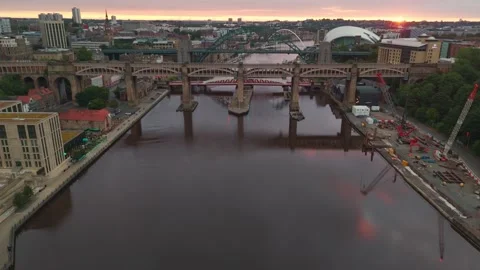 3 x bridges high level reveal towards cloudy sunrise Stock Footage 249454663