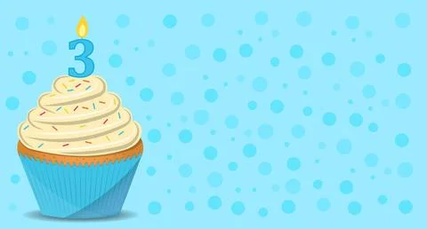 3 year birthday background with cupcake and candle. Illustrazione stock