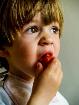 3-year-old child eats a large strawberry Stock Photos