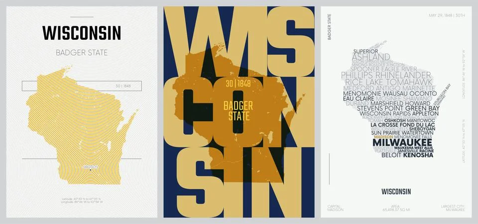 30 of 50 sets, US State Posters with name and Information in 3 Design Styles, Stock Illustration