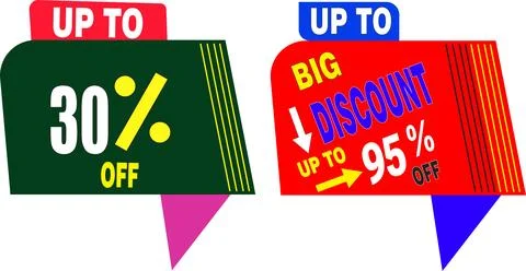 Up to 30%  and 95% off discount vector label design in green red and purple Stock Illustration