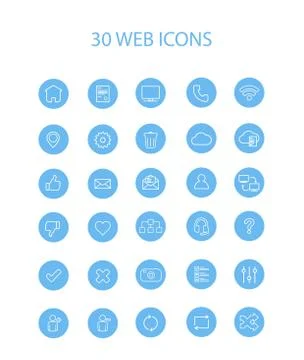 30 Blue Web Icons with Interior Full Round Stock Illustration