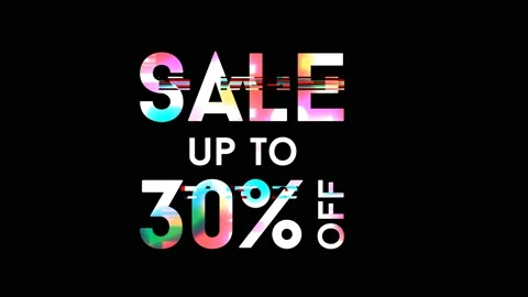 30% discount on a black background, glitch effect, bright multicolored paints. Stock Footage 145146077