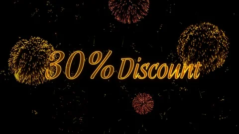 30 Discount Greeting text with particles, colored fireworks, sparks and stars Stock Footage 99062616