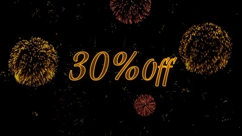 30 Off Greeting text with particles, colored fireworks, sparks and stars Stock Footage 99063625