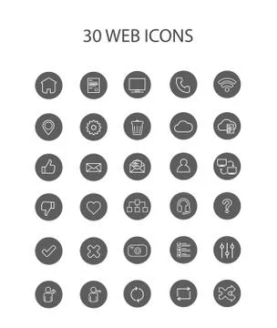 30 Grey Web Icons with Interior Full Round Stock Illustration