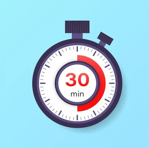 The 30 minutes timer. Stopwatch icon in flat style. Stock Illustration