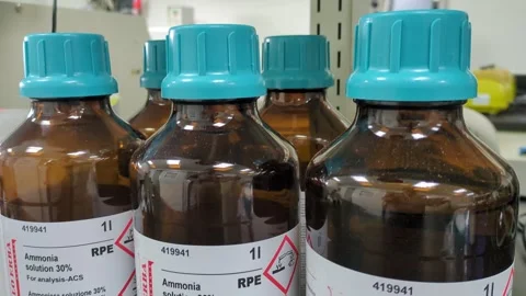 30 percent Ammonia solution for laboratory use, tilt up view. Stock Footage 276691322