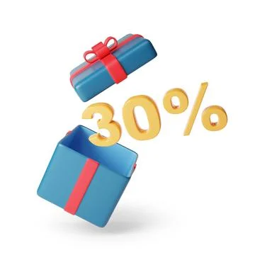 30 % solid text coming out of a gift box isolated on white background. 3d i.. Stock Illustration