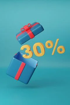 30 % solid text coming out of a gift box on blue background. 3d illustration. Stock Illustration