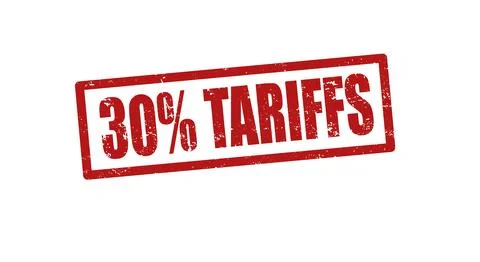 30% Tariffs text effect with grunge rubber stamp symbolizing Stock Illustration