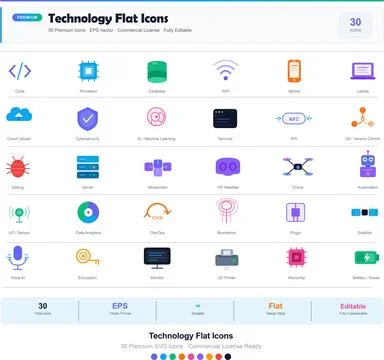 30 Tech Flat Icons Set Vector Modern Collection Illustrazione stock