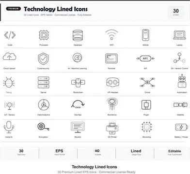 30 Tech Lined Icons Set Vector Outline Collection Stock Illustration