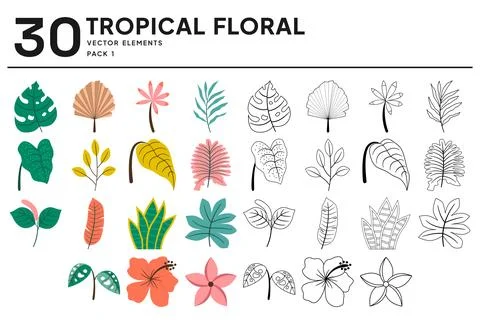 30 Tropical Floral Vector Elements 스톡 일러스트