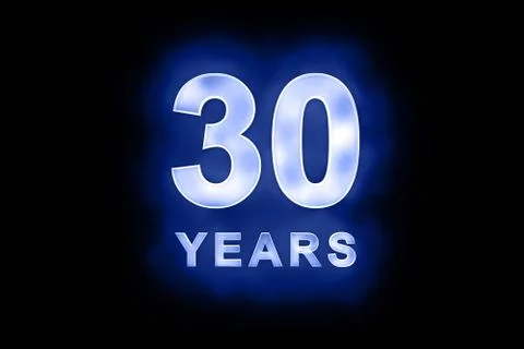 30 years in glowing white numbers on blue Stock Illustration