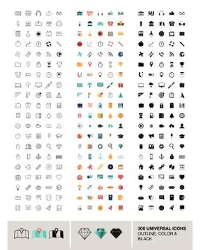 300 vector universal icons made in outline, color and black Stock Illustration