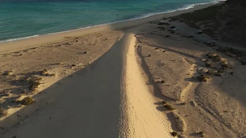 Aerial Descent of Sand Dune Ridge, Playa el Salmo, Fuerteventura