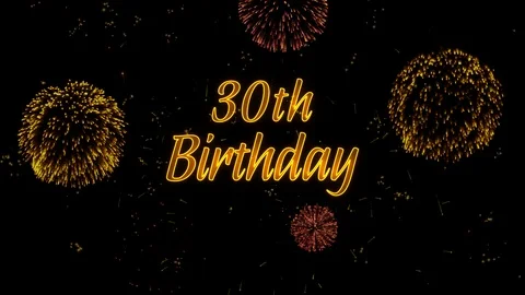 30th Birthday Greeting text with particles, colored fireworks, sparks and stars Stock Footage 99060985