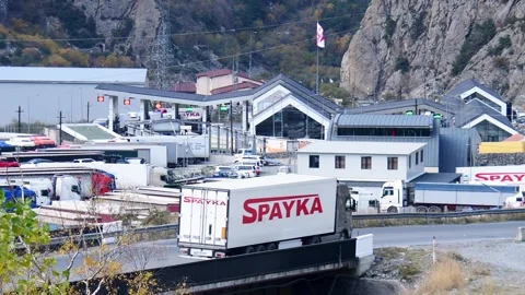 30th october, 2022: Lars border, Georgia - lorries drive stand by georgian-.. Stock Footage 242454182