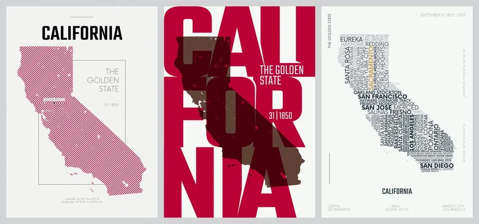 31 of 50 sets, US State Posters with name and Information in 3 Design Styles, Stock Illustration