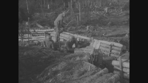 310th Engineer Battalion digs trenches and adjust wire at railroad line - 1919 Video stock 86446580
