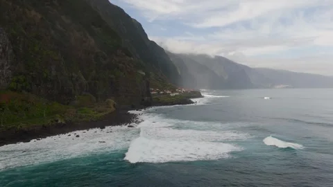 Waves Hitting Maderia North Coast Cliffs, Miradouro das Quebradas - Aerial Drone Waves Hitting Maderia North Coast Cliffs, Miradouro das Quebradas - Aerial Drone