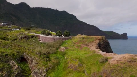 Pan out to reveal beach, Guindaste, Faial, Madeira, Portugal - Aerial Drone Pan out to reveal beach, Guindaste, Faial, Madeira, Portugal - Aerial Drone
