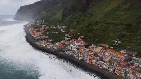 Wide High Approach to Paul do Mar from Atlantic Ocean, Madeira - Aerial Drone Wide High Approach to Paul do Mar from Atlantic Ocean, Madeira - Aerial Drone