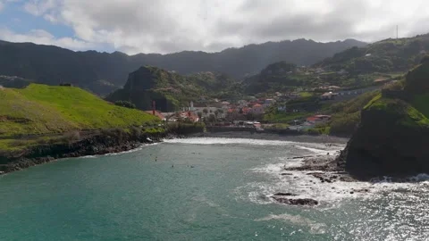 Approaching Alagoa Beach, Porto da Cruz, Madeira, Portugal - Aerial Drone Approaching Alagoa Beach, Porto da Cruz, Madeira, Portugal - Aerial Drone