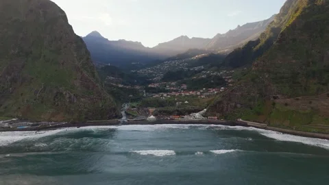 Circling Out from Bay at Sao Vicente, Madeira, Portugal - Aerial Drone Circling Out from Bay at Sao Vicente, Madeira, Portugal - Aerial Drone