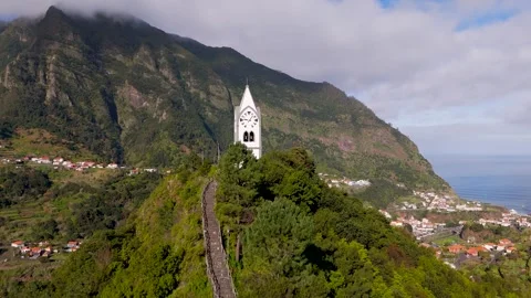 Rising shot over White Chapel, Sao Vicente, Madeira, Portugal - Aerial Drone Rising shot over White Chapel, Sao Vicente, Madeira, Portugal - Aerial Drone