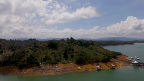 Boats in the Penol Guatape Reservoir, Colombia - Aerial Drone
