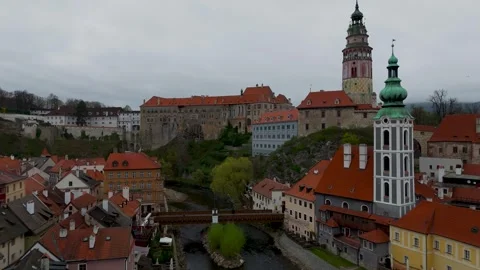 Cesky Krumlov Castle from Vlatava River Low Approach, Czechia - Aerial Drone Cesky Krumlov Castle from Vlatava River Low Approach, Czechia - Aerial Drone