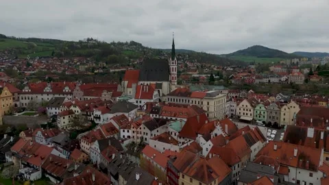 Wide Shot Approach to Centre of Cesky Krumlov, Czechia - Aerial Drone Wide Shot Approach to Centre of Cesky Krumlov, Czechia - Aerial Drone